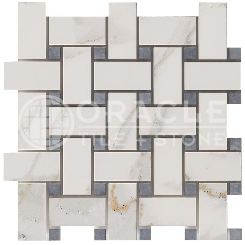 Italian Calacatta Gold Marble - Basketweave (LARGE) Mosaic Tile w/ Bardiglio Blue-Gray Marble Dots