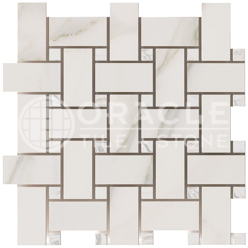 Italian Calacatta Gold Marble - Basketweave (LARGE) Mosaic Tile w/ Calacatta Gold Marble Dots
