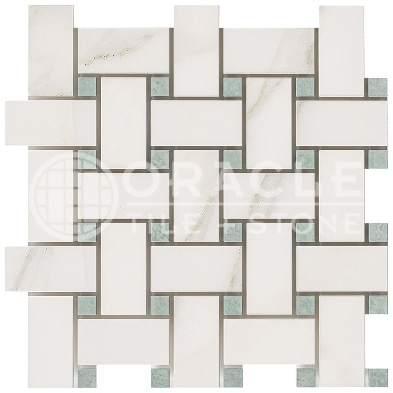 Italian Calacatta Gold Marble - Basketweave (LARGE) Mosaic Tile w/ Ming Green Marble Dots
