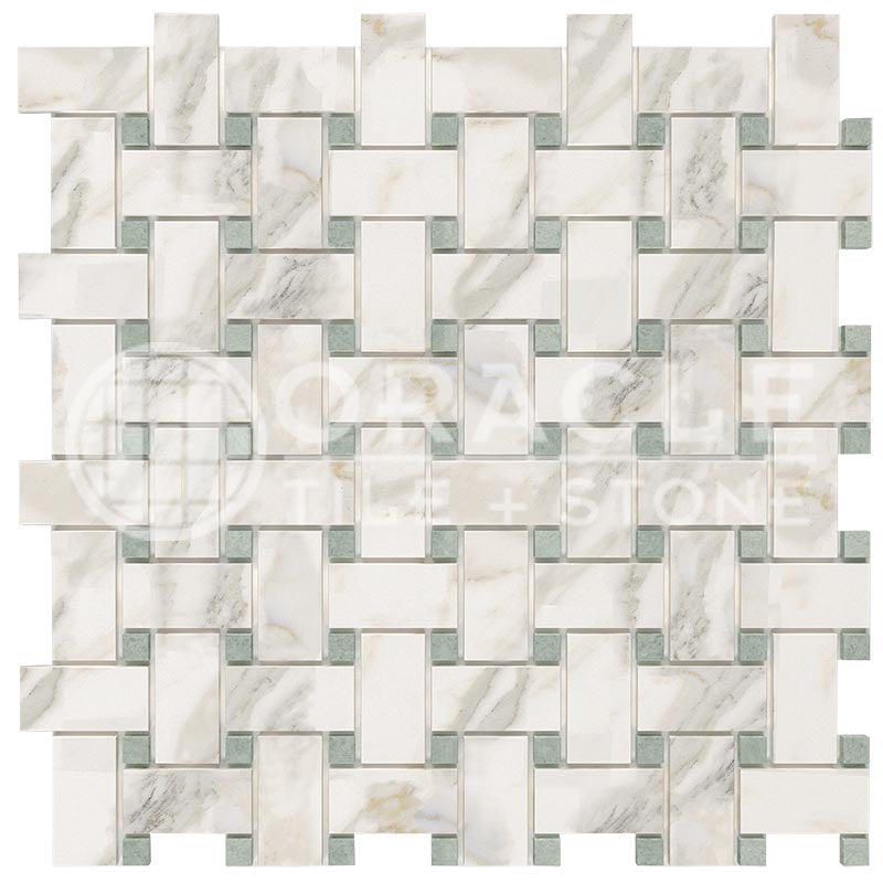 Italian Calacatta Gold Marble - Basketweave Mosaic Tile w/ Ming Green Marble Dots