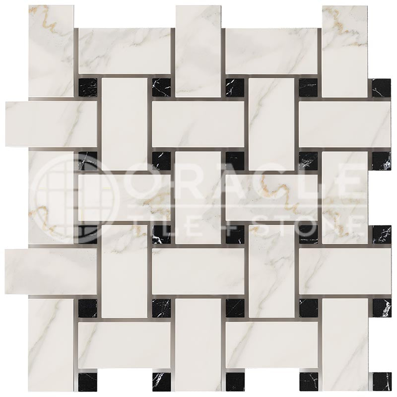 Italian Calacatta Gold Marble - Basketweave (LARGE) Mosaic Tile w/ Black Marble Dots