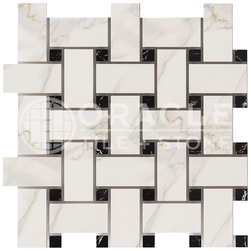 Calacatta Gold (Italian) Marble Basketweave Mosaic (w/ Black - (LARGE))