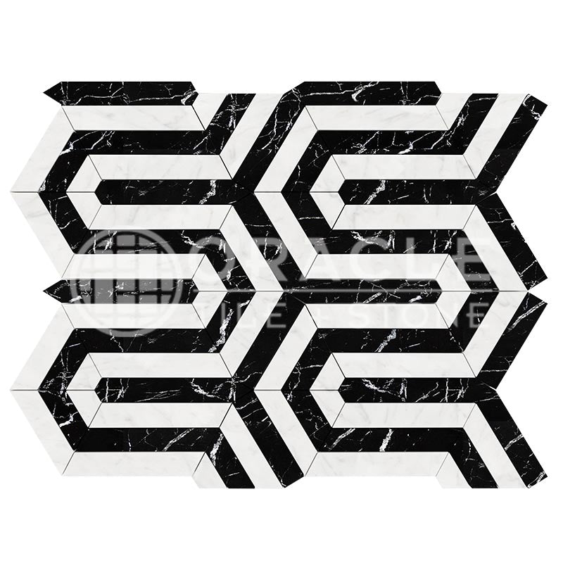 Italian Carrara White Marble - Berlinetta Mosaic Tile w/ BLACK Marble Strips