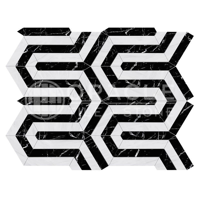 Oriental White (Asian Statuary) Marble - Berlinetta Mosaic Tile w/ Black Marble Strips