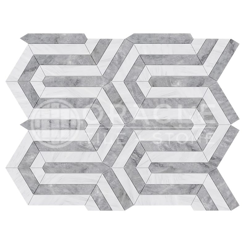 Oriental White (Asian Statuary) Marble - Berlinetta Mosaic Tile w/ Bardiglio Blue-Gray Marble Strips
