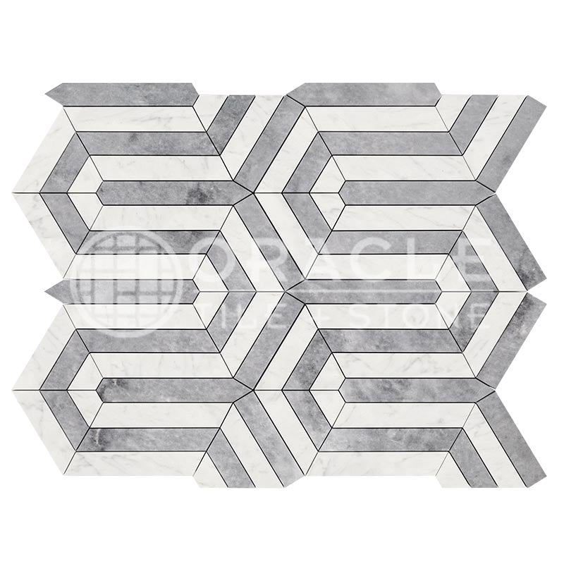 Italian Carrara White Marble - Berlinetta Mosaic Tile w/ Bardiglio Blue-Gray Marble Strips