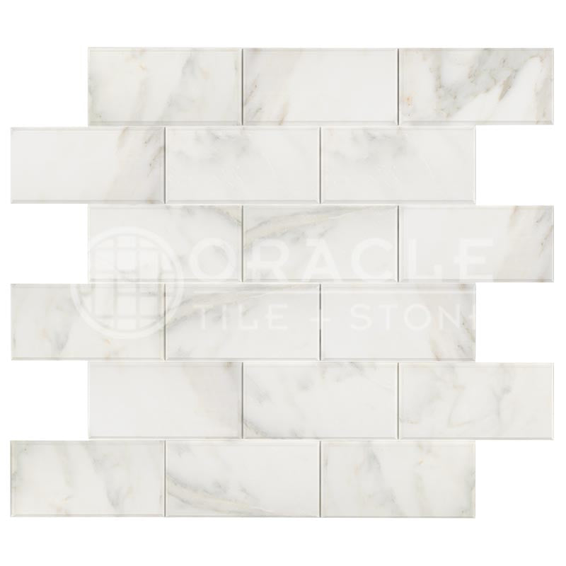 Calacatta Oliva Marble 2" X 4" Brick Mosaic - (Deep-Beveled)