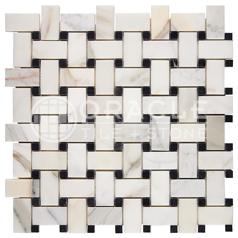 Italian Calacatta Gold Marble - Basketweave Mosaic Tile w/ Black Marble Dots