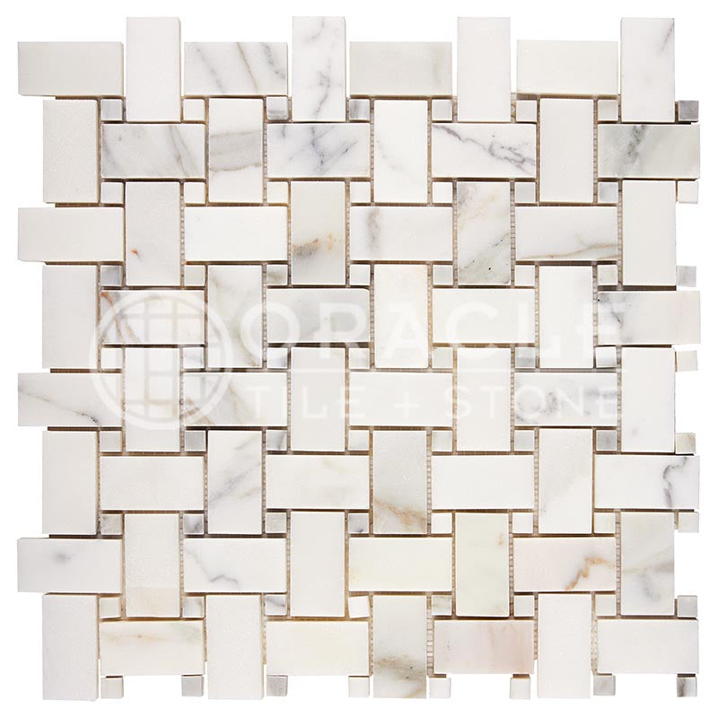 Italian Calacatta Gold Marble - Basketweave Mosaic Tile w/ Calacatta Gold Marble Dots