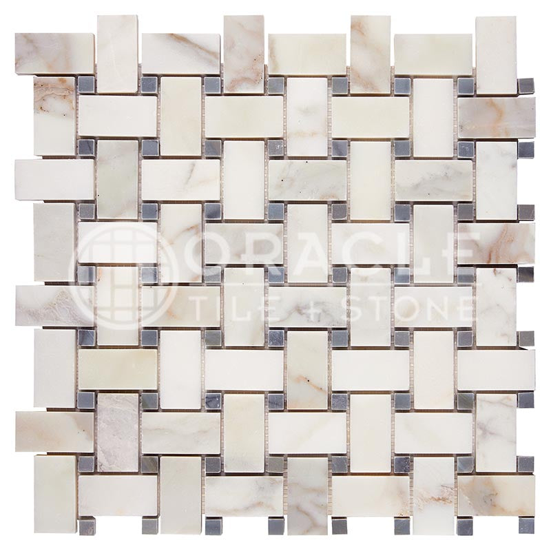 Italian Calacatta Gold Marble - Basketweave Mosaic Tile w/ Bardiglio Blue-Gray Marble Dots