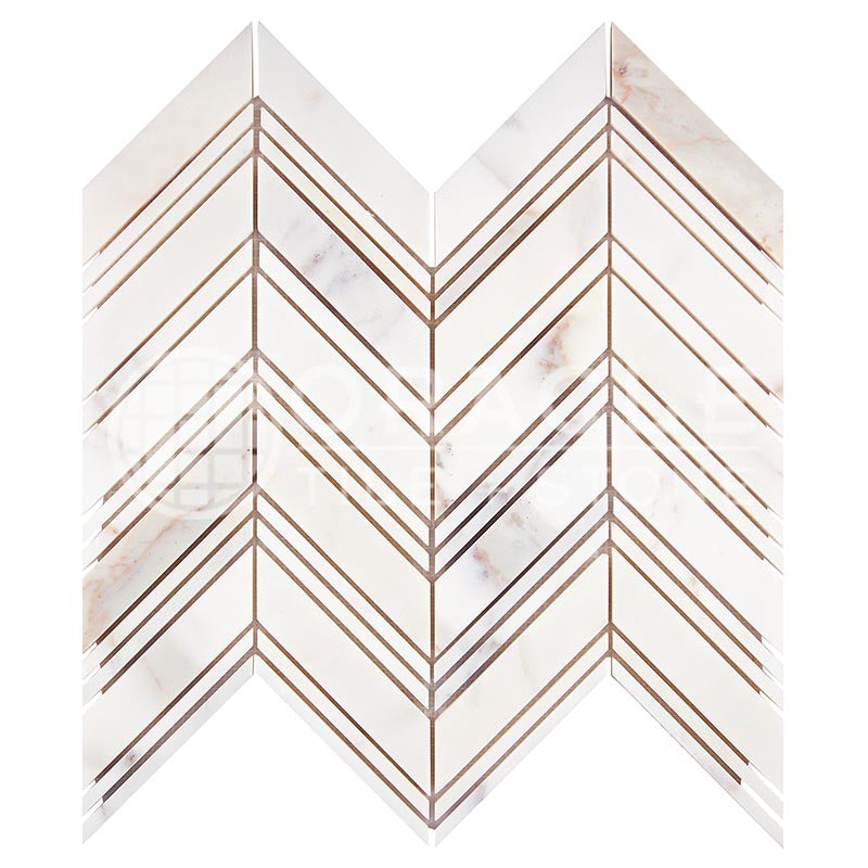 Italian Calacatta Gold Marble - Large-Chevron Mosaic Tile w/ Calacatta Gold Strips