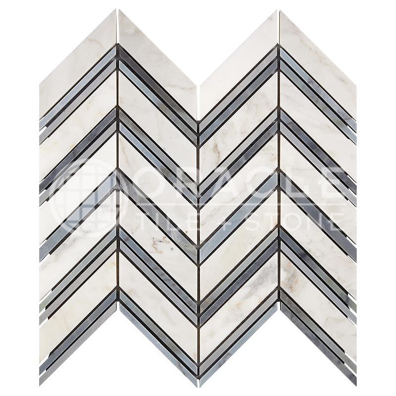 Italian Calacatta Gold Marble - Large-Chevron Mosaic Tile w/ Bardiglio Blue-Gray Marble Strips