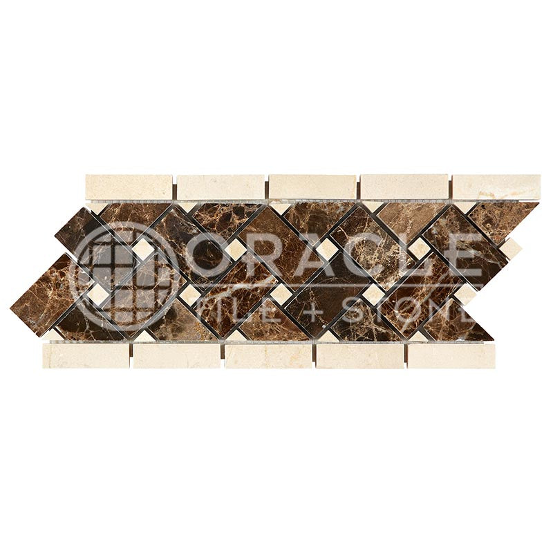 Crema Marfil Marble - Basketweave Border / Listello with Emperador Dark Marble Dots