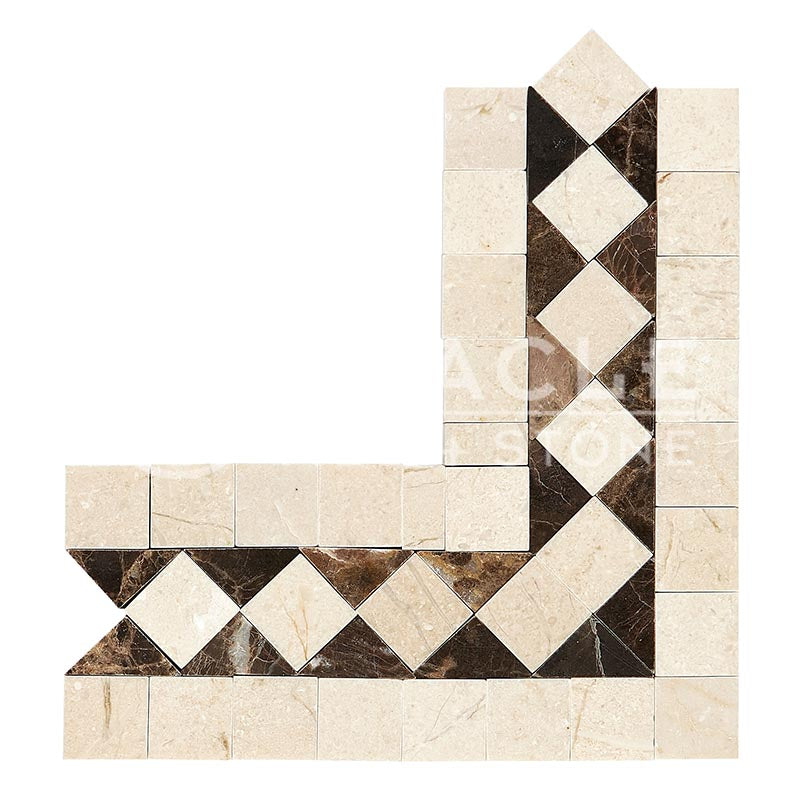 Crema Marfil Marble - BIAS Border / Listello CORNER with Emperador Dark Marble Dots