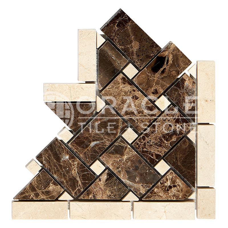Crema Marfil Marble - Basketweave Border / Listello CORNER with Emperador Dark Marble Dots