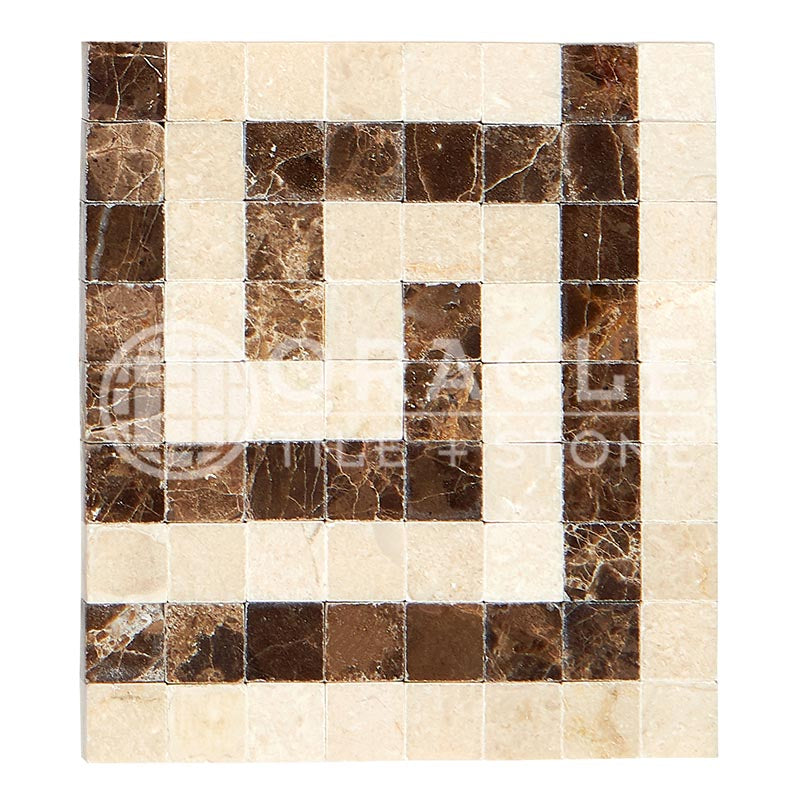 Crema Marfil Marble - Greek Key Border / Listello CORNER with Emperador Dark Marble Dots