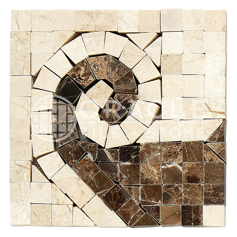 Crema Marfil Marble - WAVE Border / Listello CORNER with Emperador Dark Marble Dots