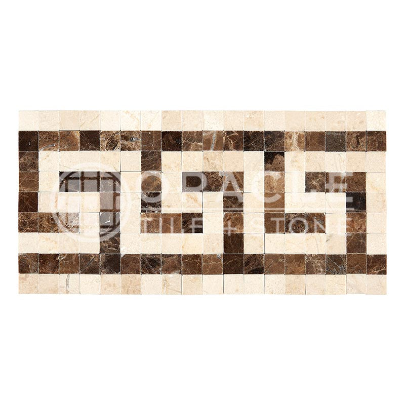 Crema Marfil Marble - Greek Key Border / Listello with Emperador Dark Marble Dots