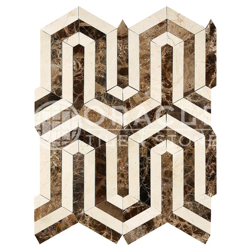 Crema Marfil Marble - Berlinetta Mosaic Tile w/ Emperador Dark Marble Strips