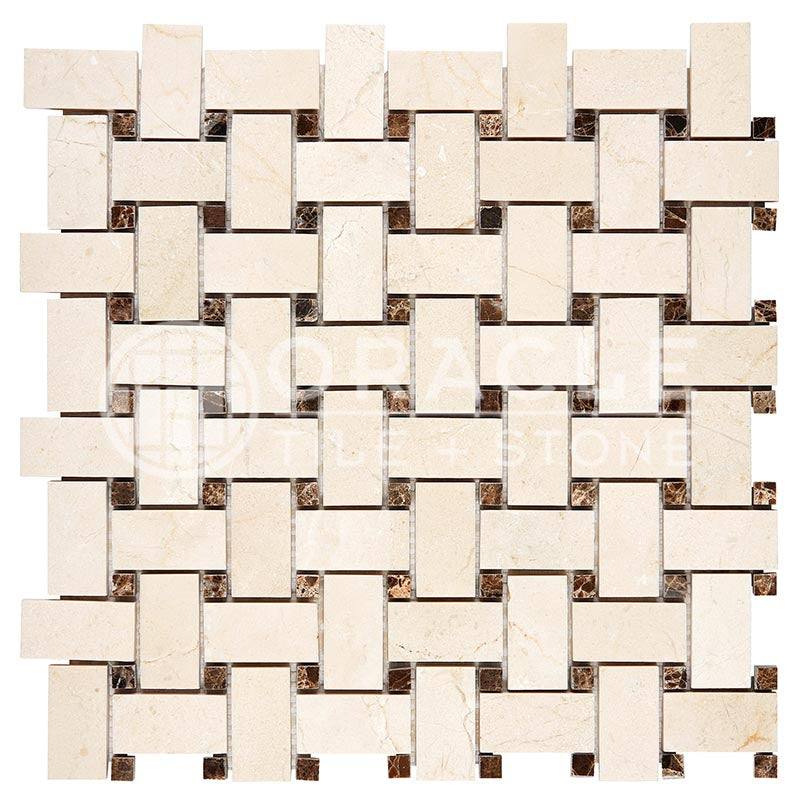 Crema Marfil Marble -  Basketweave Mosaic Tile with Emperador Dark Marble Dots