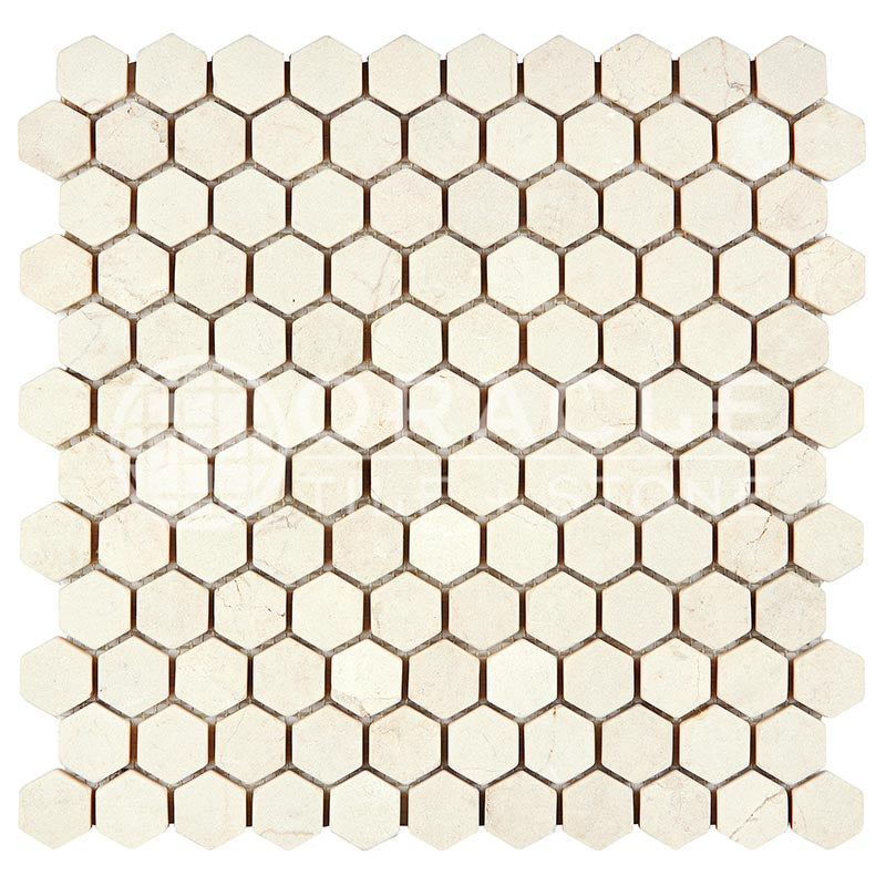 Crema Marfil (Spanish)	Marble	1" X 1"	Hexagon Mosaic	Tumbled