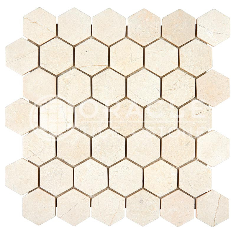 Crema Marfil (Spanish)	Marble	2" X 2"	Hexagon Mosaic	Tumbled