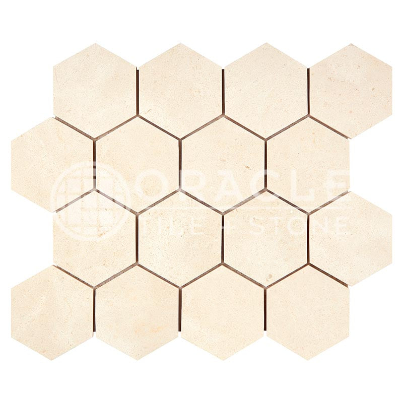 Crema Marfil (Spanish)	Marble	3" X 3"	Hexagon Mosaic