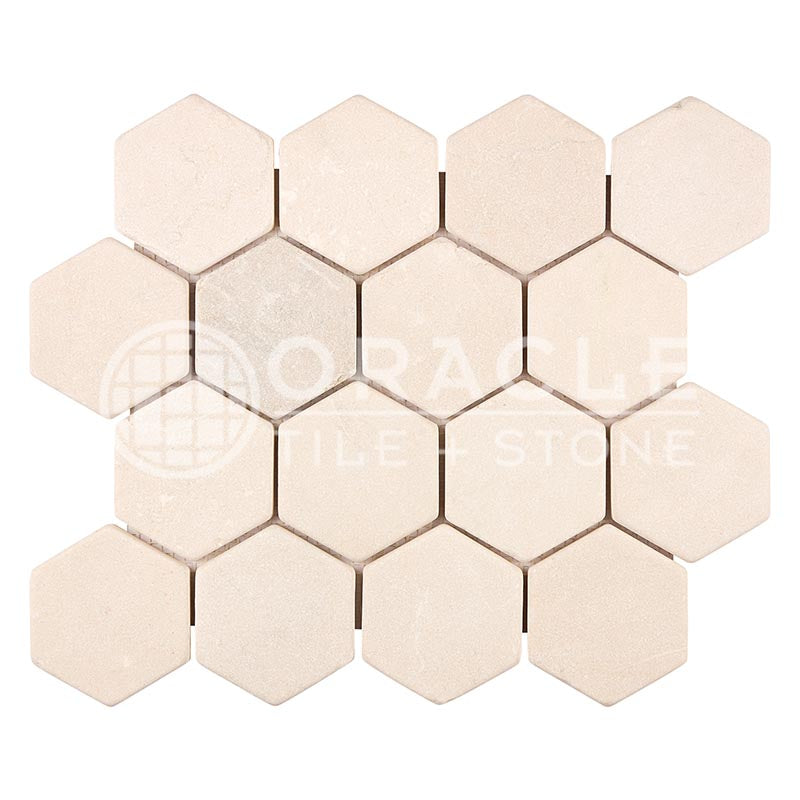 Crema Marfil (Spanish)	Marble	3" X 3"	Hexagon Mosaic	Tumbled