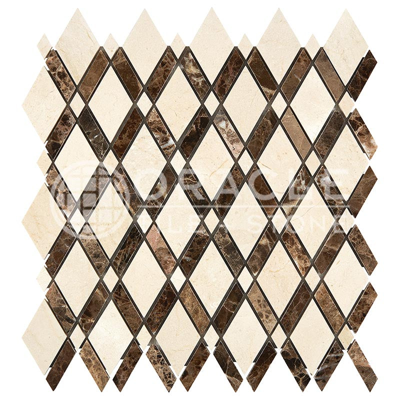 Crema Marfil Marble - Lattice Mosaic Tile w/ Emperador Dark Marble Strips