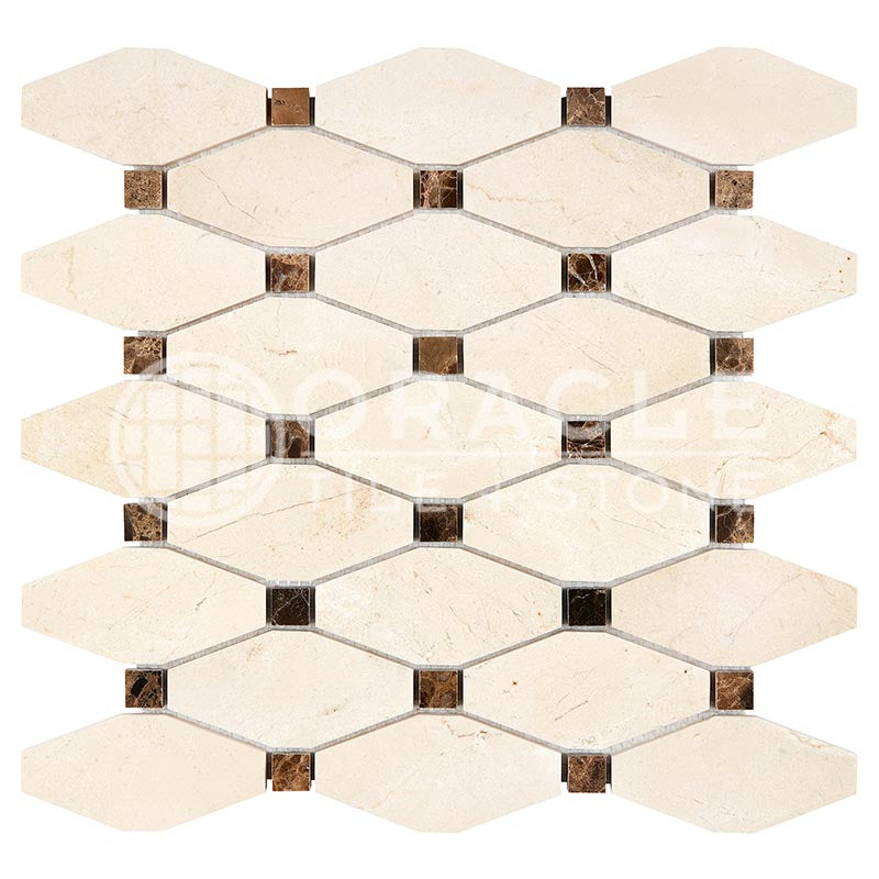 Crema Marfil Marble - Octave (Long Octagon) Mosaic Tile w/ Emperador Dark Marble Dots