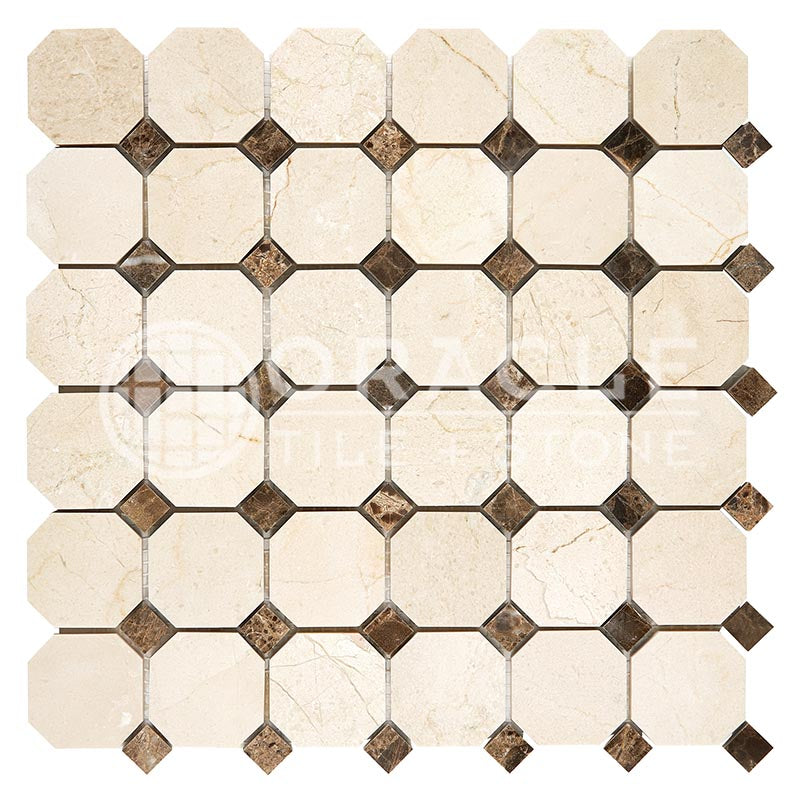 Crema Marfil Marble - Octagonal Mosaic Tile with Emperador Dark Marble Dots