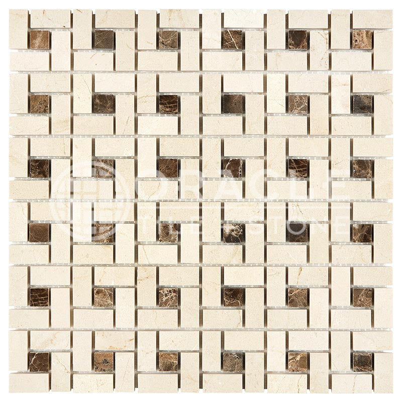 Crema Marfil Marble - Pinwheel Mosaic Tile with  Emperador Dark Marble Dots