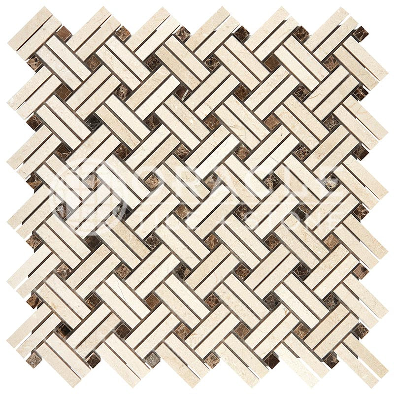 Crema Marfil Marble - Stanza Mosaic Tile w/ Emperador Dark Marble Dots