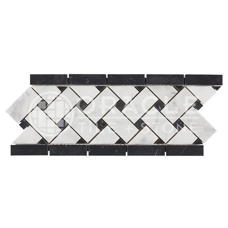 Italian Carrara White Marble - Basketweave Border / Listello with Black Marble Dots