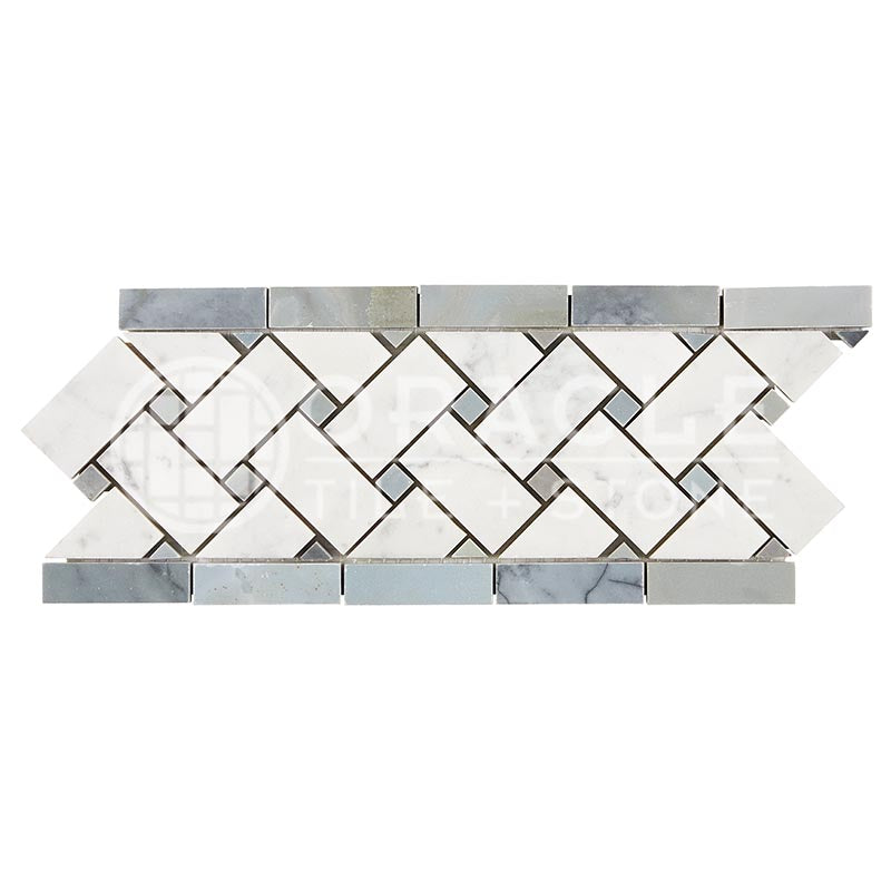 Italian Carrara White Marble - Basketweave Border / Listello with Bardiglio Blue-Gray Marble Dots