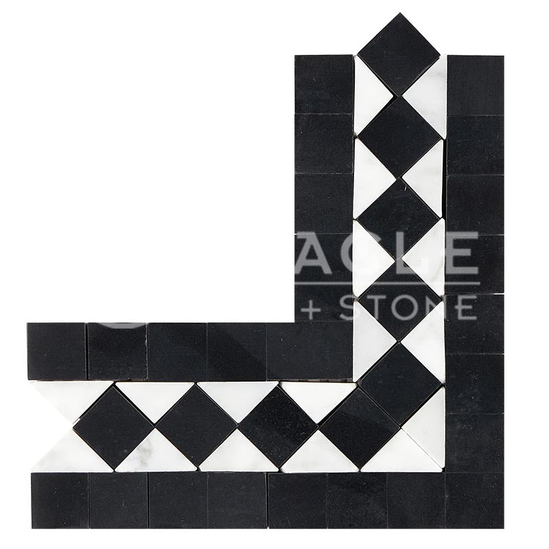 Italian Carrara White Marble - BIAS Border / Listello CORNER with Black Marble Dots
