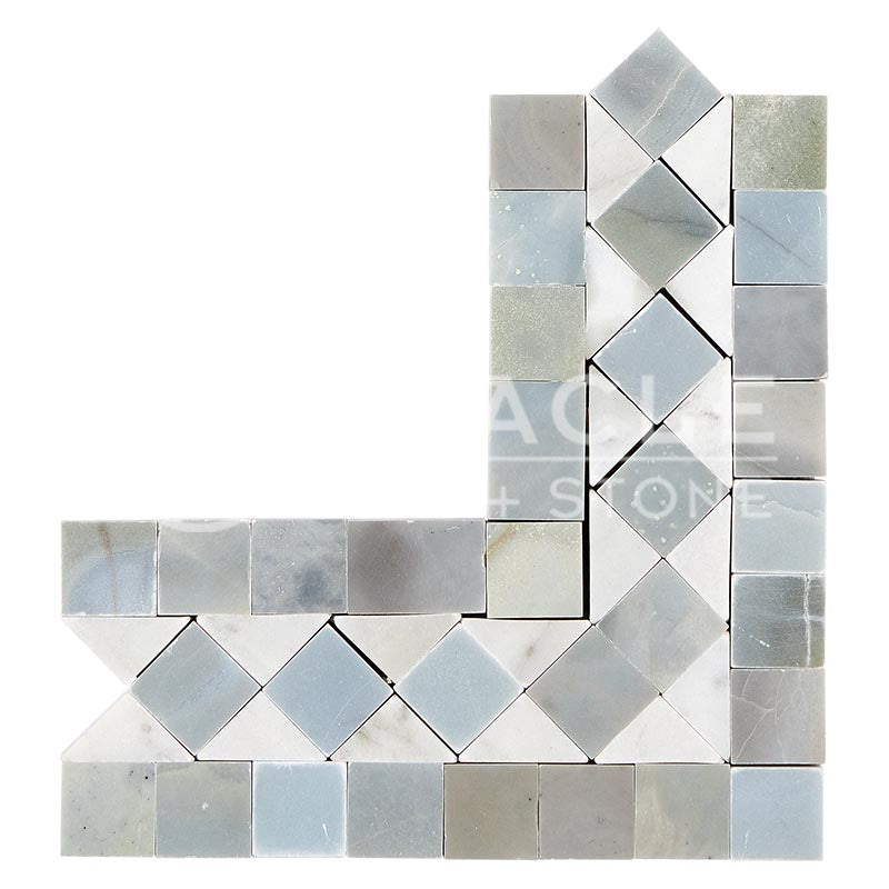 Italian Carrara White Marble - BIAS Border / Listello CORNER with Bardiglio Blue-Gray Marble Dots