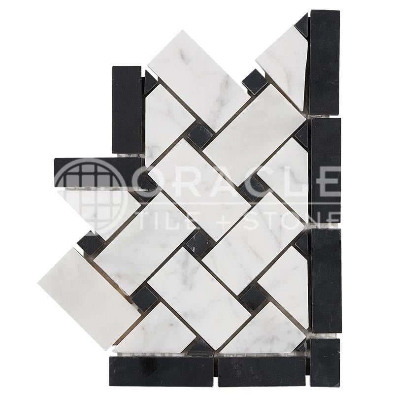 Italian Carrara White Marble - Basketweave Border / Listello CORNER with Black Marble Dots