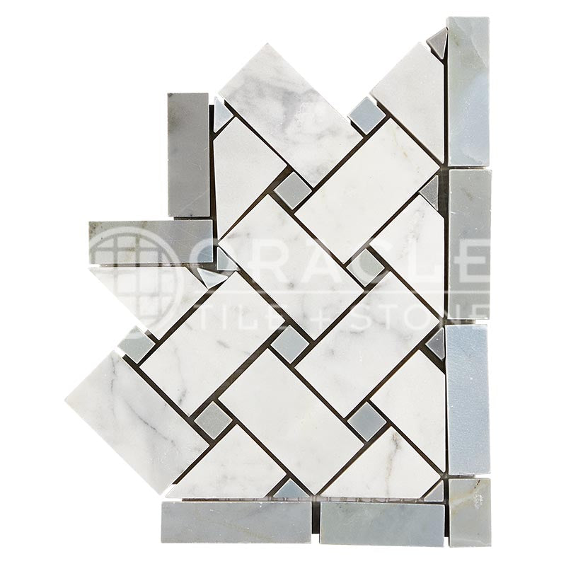 Italian Carrara White Marble - Basketweave Border / Listello CORNER with Bardiglio Blue-Gray Marble Dots