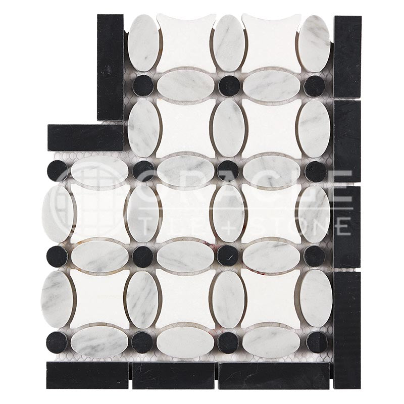 Italian Carrara White & Greek Thassos White Marble - Florida Flower Border / Listello CORNER with Black Marble Dots