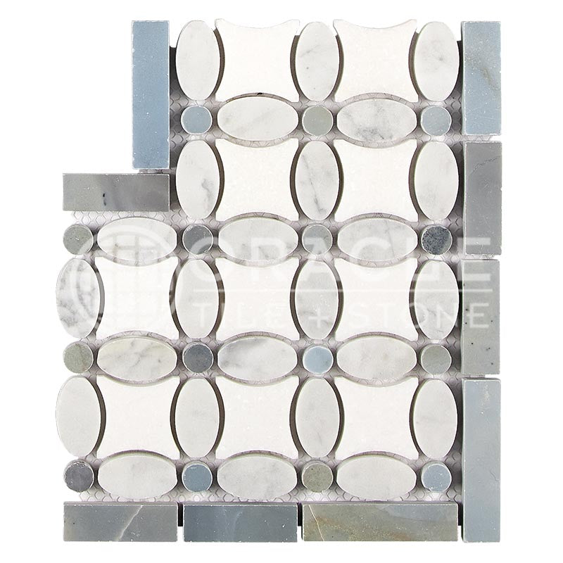 Italian Carrara White & Greek Thassos White Marble - Florida Flower Border / Listello CORNER with Bardiglio Blue-Gray Marble Dots