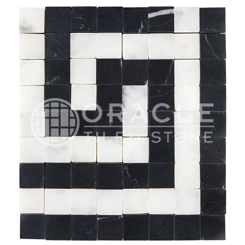 Italian Carrara White Marble - Greek Key Border / Listello CORNER with Black Marble Dots