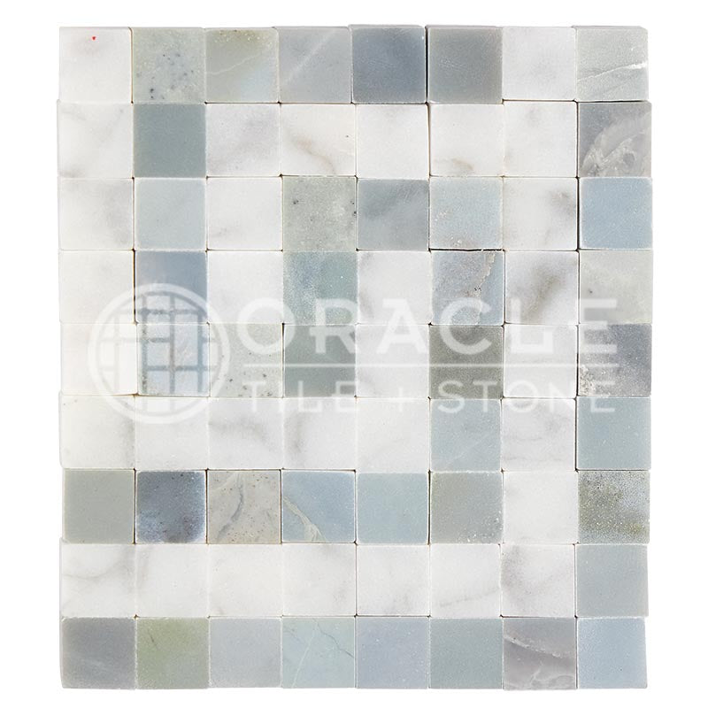 Carrara White (Bianco Carrara / Italian) Marble	-	Greek Key Border CORNER (w/ Blue-Gray)