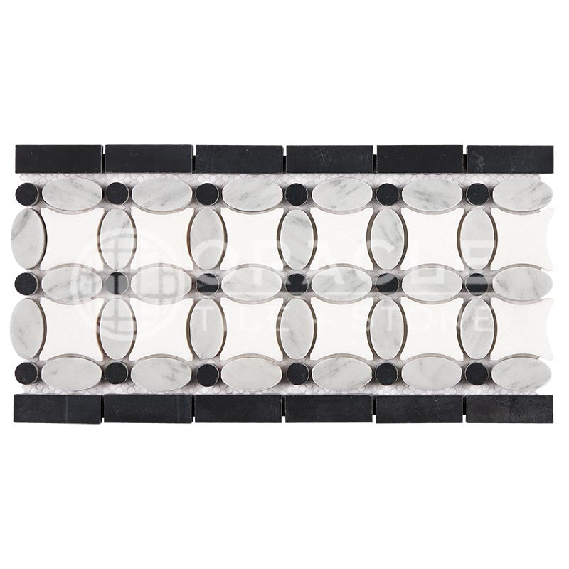 Italian Carrara White & Greek Thassos White Marble - Florida Flower Border / Listello with Black Marble Dots