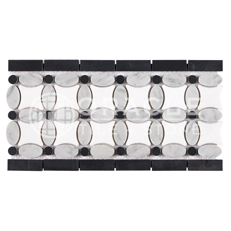 Thassos White (Greek)	Marble	5 3/4" X 11 1/4"	"Florida Flower Border  (Thassos + White Carrara (Oval) + Black (Dots))"