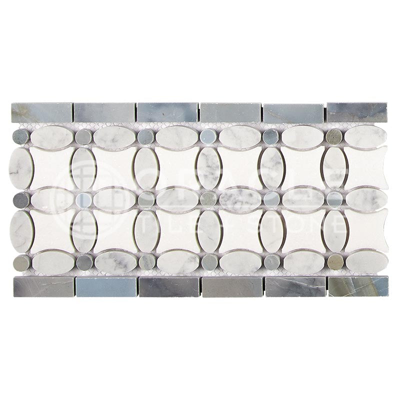 Italian Carrara White & Greek Thassos White Marble - Florida Flower Border / Listello with Bardiglio Blue-Gray Marble Dots