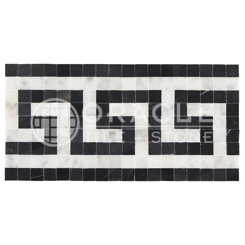 Italian Carrara White Marble - Greek Key Border / Listello with Black Marble Dots
