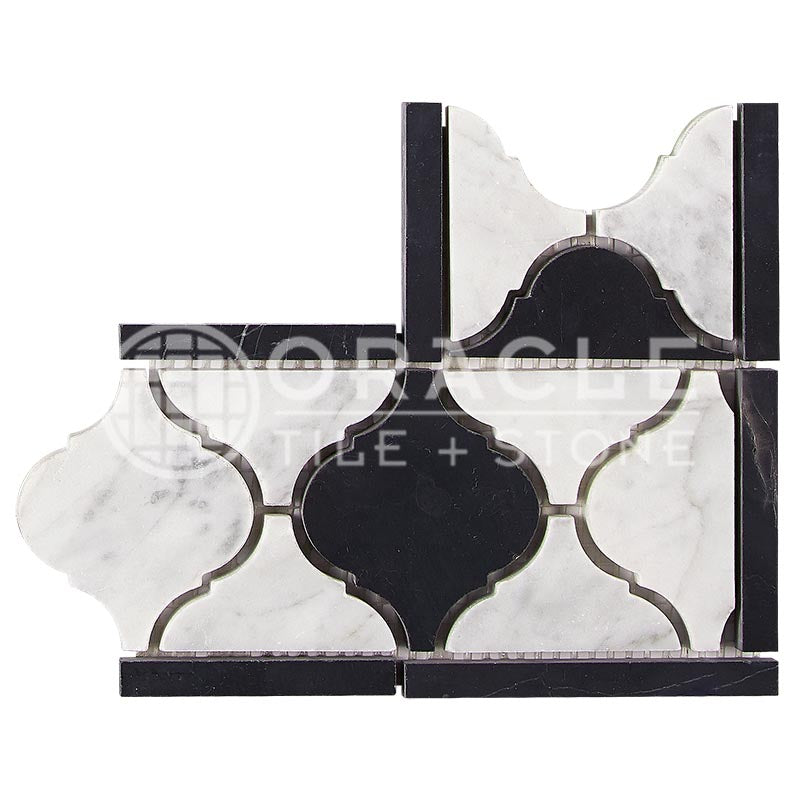 Italian Carrara White Marble - Lantern Border / Listello CORNER with Black Marble Inserts