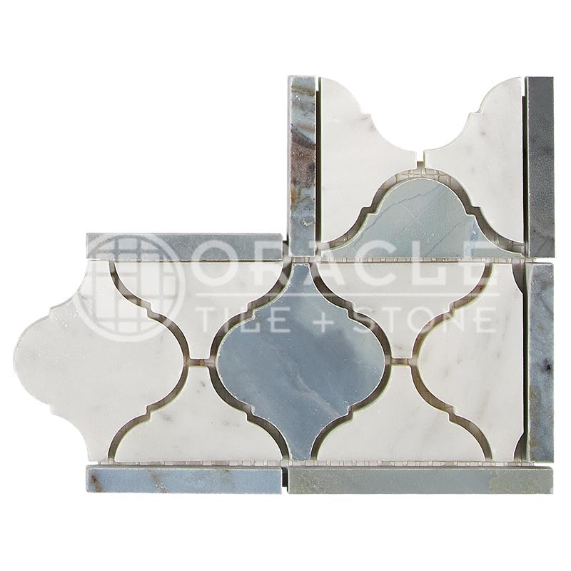 Italian Carrara White Marble - Lantern Border / Listello CORNER with Bardiglio Blue-Gray Marble Inserts