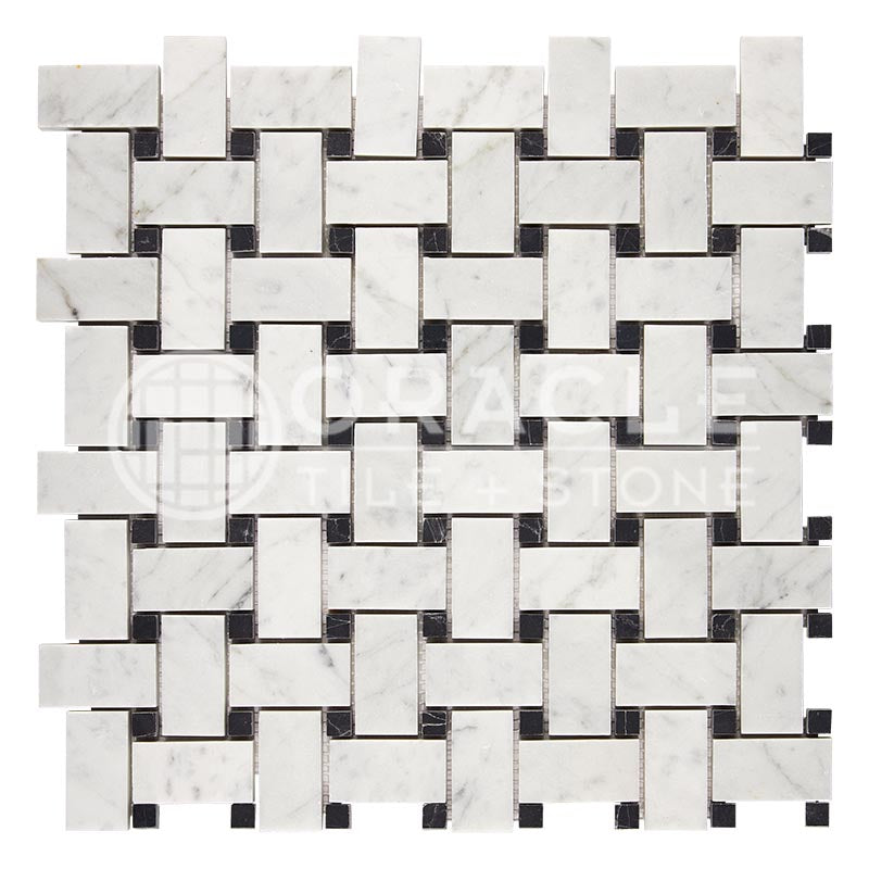Italian Carrara White Marble - Basketweave Mosaic Tile w/ BLACK Marble Dots